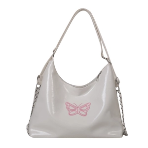 Glossy off-white chain shoulder bag with pink butterfly embroidery and silver chain