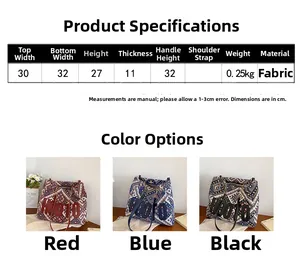 Size chart and specifications for the ethnic style canvas tote bag with HOTO print
