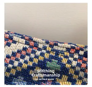 Macro detail of multi-color woven fabric featuring sturdy stitching and plaid texture