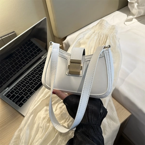 Minimalist white PU leather rectangular shoulder bag with golden metallic lock clasp