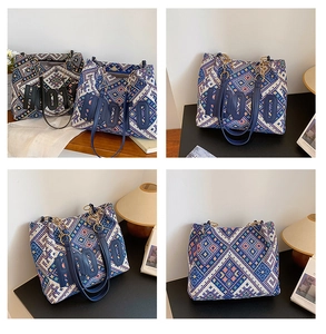 Detailed close-up of retro ethnic woven tote bag with HOTO patch and leather strap