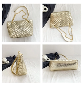 Vues détaillées du sac cabas doré avec chaîne, montrant la texture et divers angles