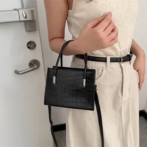 Mini borsa quadrata nera con stampa coccodrillo e manici in metallo argento