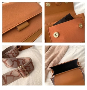 Detail view of brown matte crossbody bag with wide geometric strap and magnetic closure