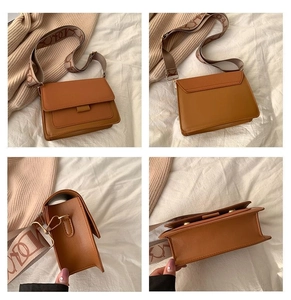 Detail view of a tan leather crossbody bag showing four angles and interior storage space
