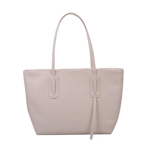 Beige faux crocodile leather tote bag with long shoulder straps on white background