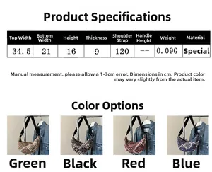 Detailed size chart and multi-color options for vintage geometric knit dumpling bags