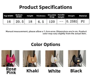 Detailed size chart and color options for the minimalist PU leather crescent bag