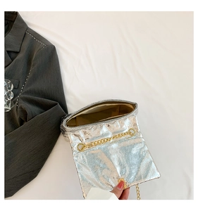 Detail of silver metallic crossbody bag with gold chain and beige fabric interior
