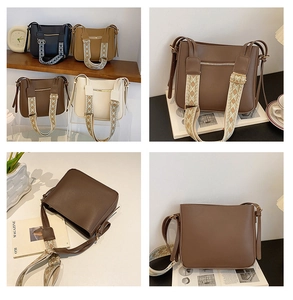 Detail of wide jacquard strap and minimalist leather crossbody bags in various colors