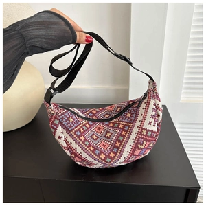 Detailed view of bohemian woven hobo bag with colorful geometric patterns and adjustable strap