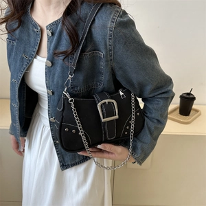 Retro black canvas underarm bag with white stitching and silver rivets for women