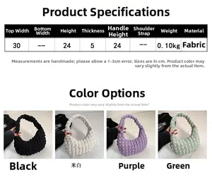 Detailed size chart and multi-color selection for the pleated bubble fabric shoulder bag