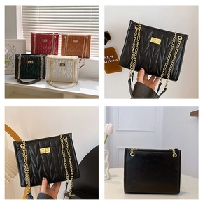 Detailed view of quilted chain bags in four classic colors with gold turn-lock clasps