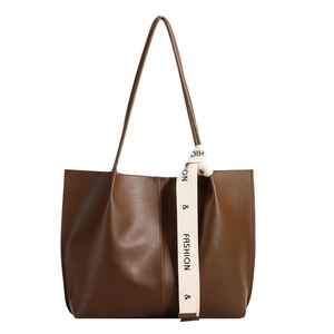 Retro deep brown large capacity faux leather tote bag with a fashion canvas strap