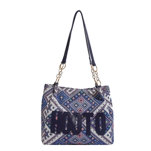 Ethnic geometric canvas tote bag with HOOTO lettering and metal chain straps