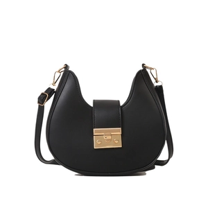 Minimalist black crescent shoulder bag with golden metal buckle and adjustable strap