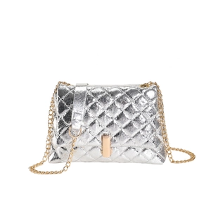 Silver quilted crossbody bag with gold hardware and chain strap on white background