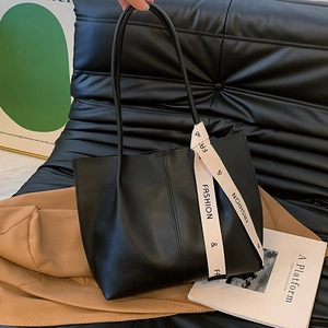 Women Large Capacity Tote Bag PU Leather Retro Shoulder Handbag With Satin Scarf Ribbon Decoration Fashion Commuting