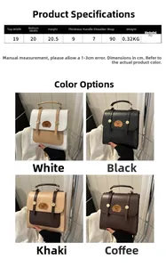 Infographic showing PU leather backpack dimensions, specifications and four color variants