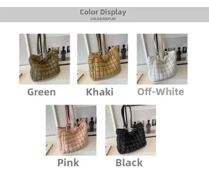 Quilted tote bags shown in green, khaki, beige, pink and black with puffy down texture