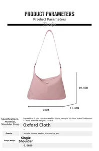 Size chart showing light nylon oxford dumpling bag dimensions with shoulder strap height