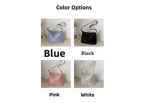 Minimalist nylon bucket bag color selection in blue, black, pink, and white options