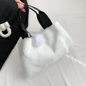 Women Faux Fur Tote Bag Plush Handbag With Pom Pom Charm Soft Winter Fashion Minimalist Large Capacity Solid Color