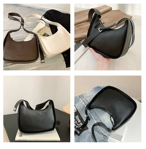 Collage of chic crescent underarm bags in black, beige and coffee faux leather styles