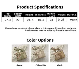 Detailed chart showing straw tote bag dimensions and available color options