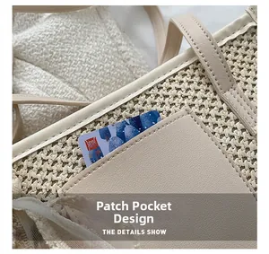 Detail of woven straw beach tote bag showing high-quality stitching and external pocket