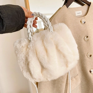Women Faux Fur Handbag Plush Braided Handle Ruched Cloud Crossbody Bag Soft Autumn Winter Fashion Accessory