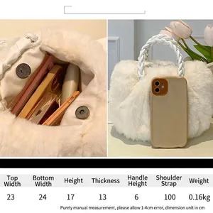 White plush handbag with size chart and interior view showing dimensions and capacity