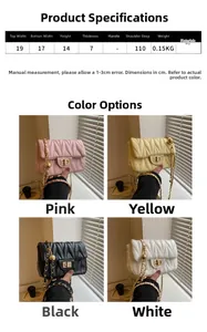 Detailed size specifications and color options for the V-quilted chain shoulder bag