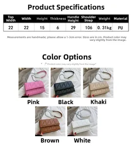 Detailed size chart and five color variants of the quilted crossbody bag with chain strap