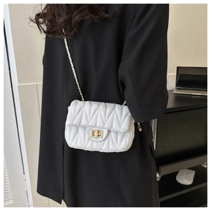 Detailed shot of quilted chain bag featuring V-shaped texture and gold metal buckle