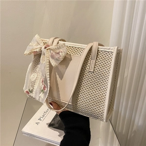 Women Shoulder Tote Bag Straw Woven Large Capacity Summer Beach French Pastoral Floral Embroidery Lace Bowknot Elegant