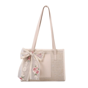 Straw beach tote with lace pink bow and rose embroidery detail for summer fashion