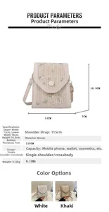 Size chart showing woven crossbody bag dimensions, specifications, and color options