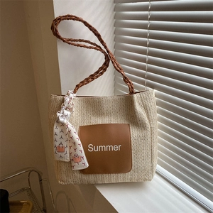 Vintage straw tote bag with brown leather Summer patch and decorative silk scarf