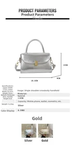Detailed size specifications for a metallic crossbody bag with clear dimension markings