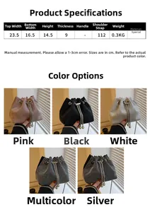 Detailed size specifications for rhinestone bucket bags in multiple color options