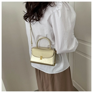 Detail of champagne gold mini crossbody bag with metallic finish and metal lock
