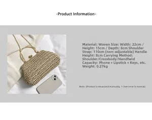 Detailed size specifications of the khaki hand-woven bag with gold chain strap
