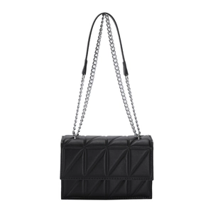 Classic black geometric quilted square bag with silver chain strap on white background