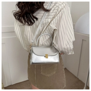 Silver metallic crossbody bag with gold buckle detail shown on a model's shoulder