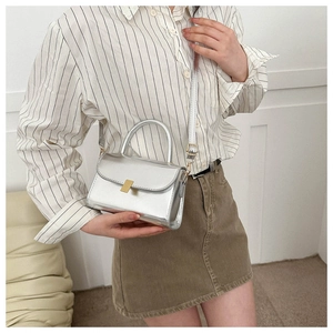 Model wearing a metallic silver mini crossbody bag with golden buckle and sleek handle