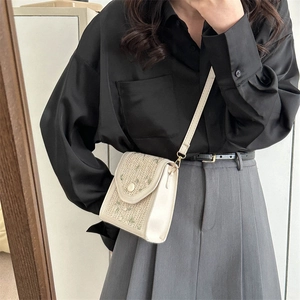 Retro cream woven crossbody phone bag featuring green leaf embroidery for women