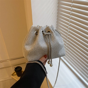 Rhinestone Bucket Bag PU Shiny Crossbody Purse Metal Chain Strap Artificial Pearl Pendants Evening Handbag For Women