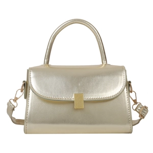 Metallic gold PU leather crossbody square bag with top handle and adjustable strap